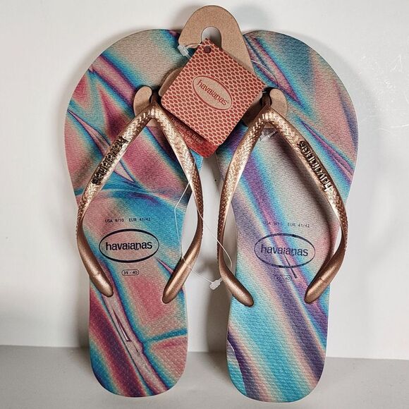 New HAVAIANAS Slim Flip Flops Iridescent Gold‎ Size 9/10 Women - Picture 1 of 4
